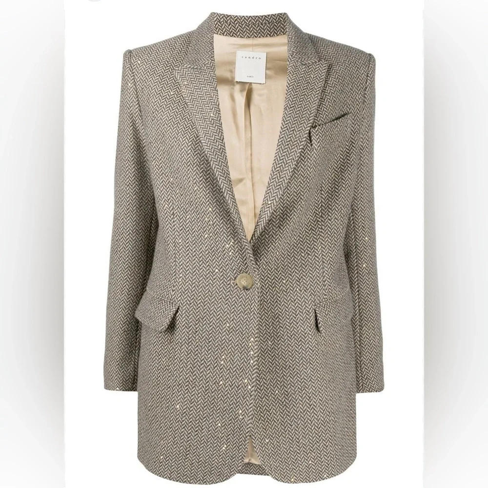 Sandro  “Paule” Sequin Herringbone Blazer Brown Tweed Statement Jacket 2 / M / 6 - Picture 2 of 12